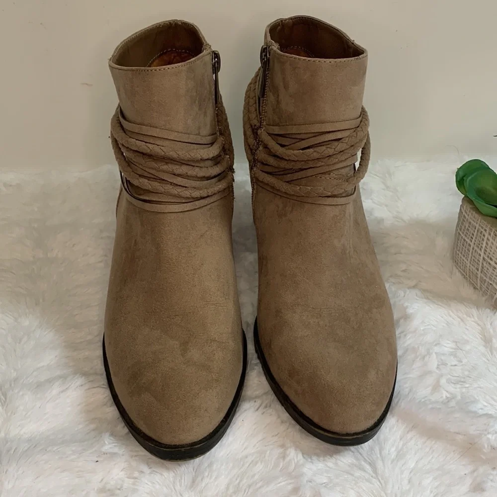 BAMBOO braided accent faux suede western heeled booties ankle boots